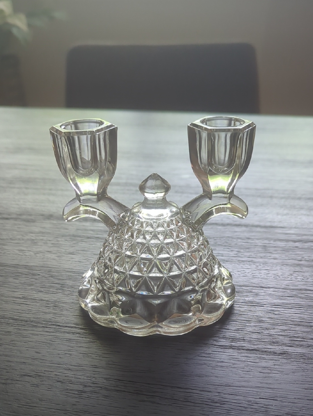 Vintage Clear Glass Double Candle Holder - Textured Bell Design